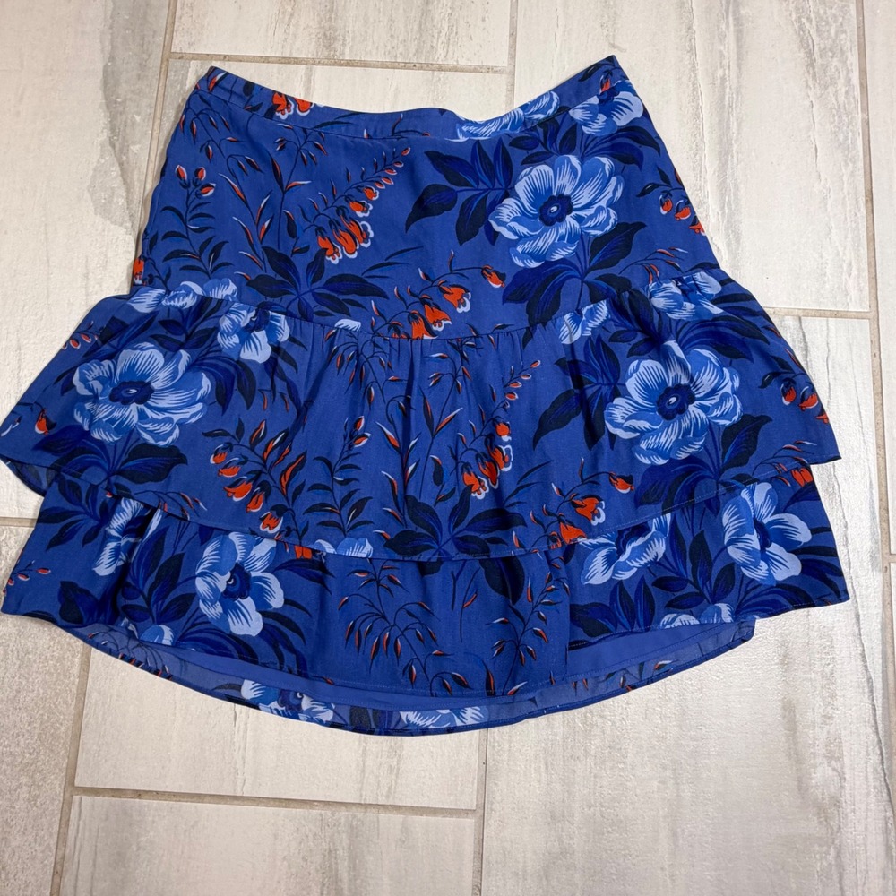 LOFT Blue Floral Tiered Ruffle Mini Skirt‎ Size 6 Botanical Print Lined Boho